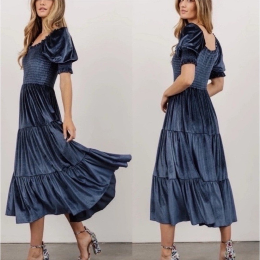 Baltic Born Vivaldi Smocked Velvet Midi Dress Tiered Boho XL Navy Blue